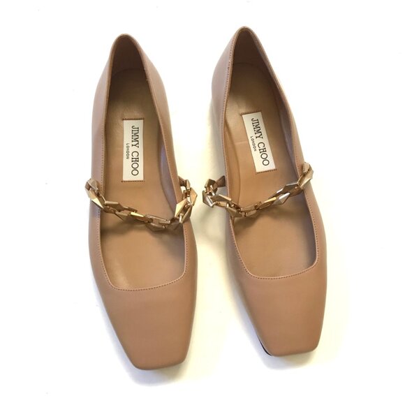NEW Jimmy Choo Diamond Tilda Ballet Flats Womens 38 8 Nude Leather Chain NIB - Picture 6 of 14
